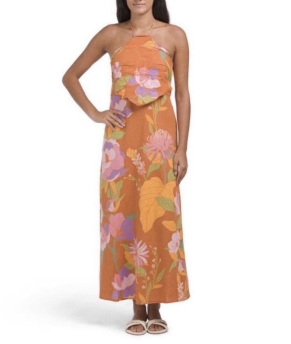 Caroline Constas Orange Floral Halter Dress Linen Blend Size Medium NWT
